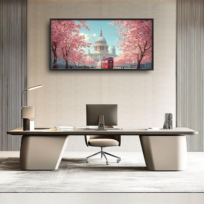 London Paul’s Cathedral Large Wall Art Cityscape Cherry Blossom Pictures Wall Decor Street Scene Canvas Spring Print Painting Modern Artwork Home Decoration for Living Room Bathroom Bedroom Office Framed 60"x30"