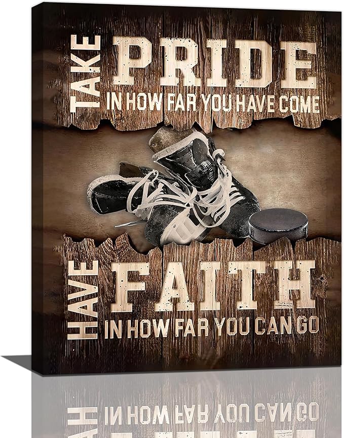 Fleruku Rustic Hockey Wall Art Sports Wall Decor Inspirational Quotes Brown Pictures Ice Hockey Sign Canvas Painting Artwork Home Decorations for Boy Man Teenager Fans Bedroom Living Room 20"x24"
