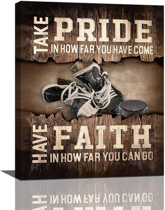Fleruku Rustic Hockey Wall Art Sports Wall Decor Inspirational Quotes Brown Pictures Ice Hockey Sign Canvas Painting Artwork Home Decorations for Boy Man Teenager Fans Bedroom Living Room 20"x24"