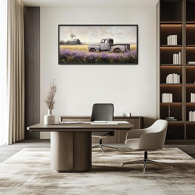 Rustic Truck Wall Art Farmhouse Lavender Barn Pictures Wall Decor Country Large Master Over Above Bed Canvas Prints Horizontal Modern Artwork Painting Home Office Decorations For Bedroom 30"x60"