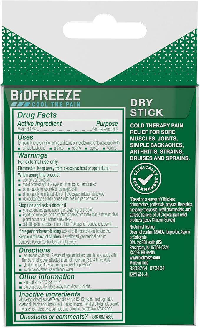 Biofreeze Dry Stick, Mess-Free Relief for Neck, Shoulder, Knee, Hip, Hand & Joint, Cooling Menthol Pain Relief Stick, Up to 100 Uses
