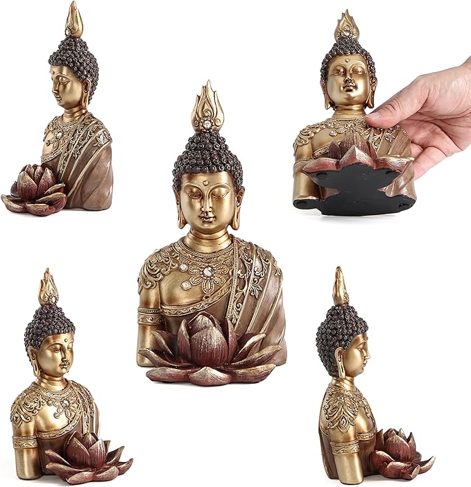 Buddha Statue with Lotus Incense Holder, Buddha Statues for Meditation Zen Spiritual Room feng Shui Yoga Home Decor Accents, Gold Buddah Buda Budda,Shelf Bookshelf Table Decoration