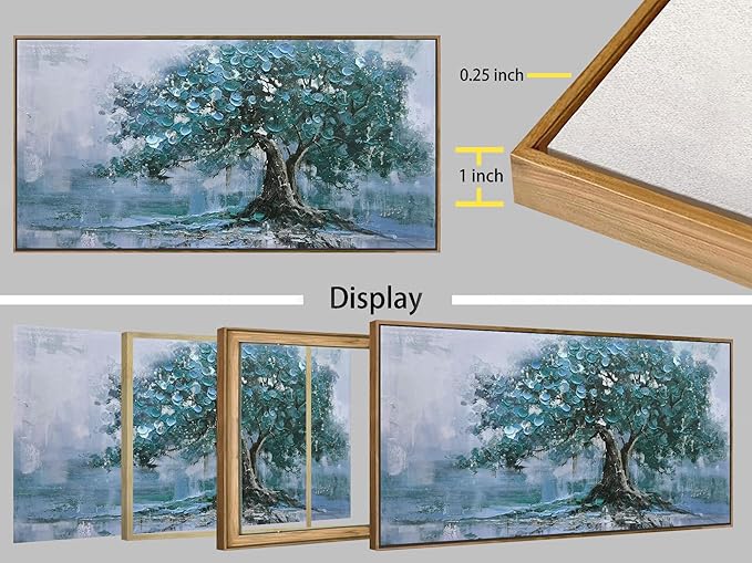 Ardemy Tree Canvas Wall Art for Living Room Teal Tree of Life Landscape Bedroom Picture Modern Nature Painting Blue Artwork Home Office Dining Room Kitchen Wall Decor, Large Wood Framed 40"x20"