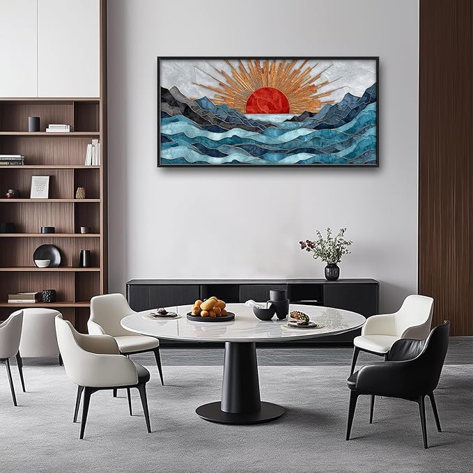 Glocmna Large Wall Art for Living Room Japanese Stained Glass Mountain Sunrise Wall Decor Modern Oriental Landscape Canvas Big Pictures Painting Print Framed Artwork Decorations Gifts for Bedroom Home Office Hotel 30"x60"