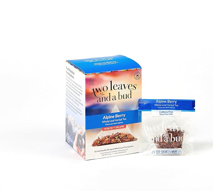 Two Leaves and a Bud Alpine Berry Herbal Tea Bags, Naturally Caffeine Free, Whole Leaf Herbal Tea with Hibiscus in Compostable Sachets, Hot or Iced, 15 Count (Pack of 1)