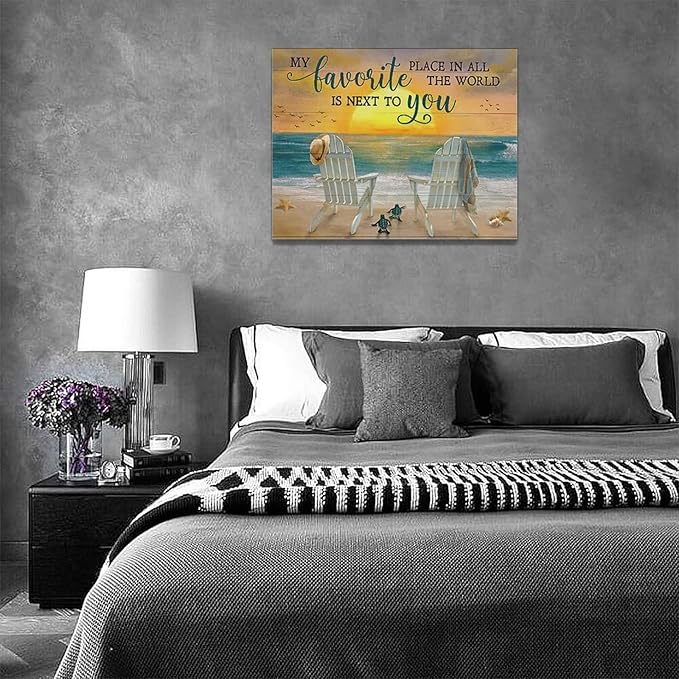 Fleruku Beach Wall Art Ocean Coastal Wall Decor Nautical Sunrise Sunset Sea Turtles Pictures Canvas Painting Artwork Home Decorations for Living Room Bedroom Bathroom Office 16"x12"