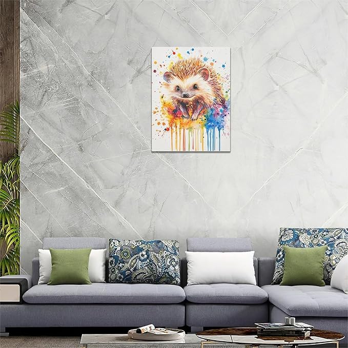 Fleruku Watercolor Hedgehog Wall Art Colorful Hedgehog Wall Decor Cute Animal Pictures Canvas Painting Artwork Home Decorations for Living Room Bedroom Bathroom Office Nursery Classroom 12"x16"