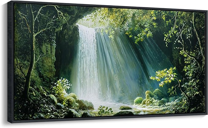 QZQCBLC Large Forest Wall Art, Green Tropical Rainforest Landscape Valley Waterfall Canvas Paintings River Scenery Pictures Artwork for Living room Bedroom kitchen Home Office Decor 29x58 IN