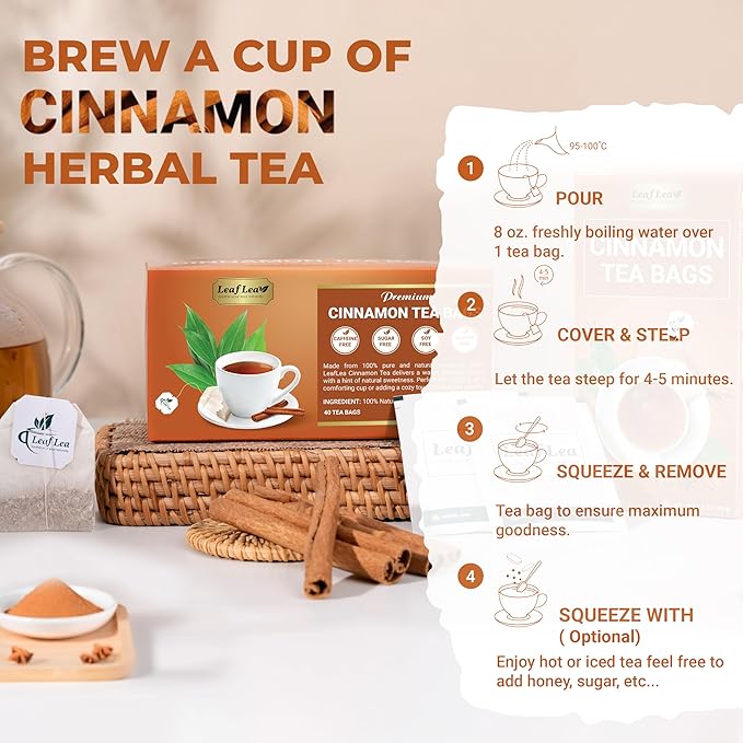 LeafLea 120 Cinnamon Tea Bags, Premium Herbal Tea with Ground Cinnamon Sticks, Spiced and Soothing Flavor for Relaxation, Caffeine-Free, Sugar-Free, Non-GMO, Vegan