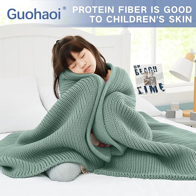 Guohaoi Knitted Weighted Blanket for Adults (Haze Green 60"x80" 15lbs) No Beads Cooling Throw Blanket for Hot Sleepers, Home Decor Breathable Chunky Knit Heavy Blanket Use on Queen/King Size Bed