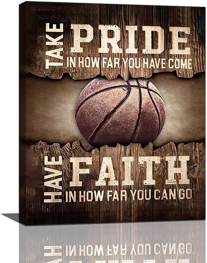 Fleruku Rustic Basketball Wall Art Sports Wall Decor Inspirational Quotes Brown Pictures Basketball Sign Canvas Painting Artwork Home Decorations For Boy Man Teenager Fans Bedroom Living Room 16"x20"