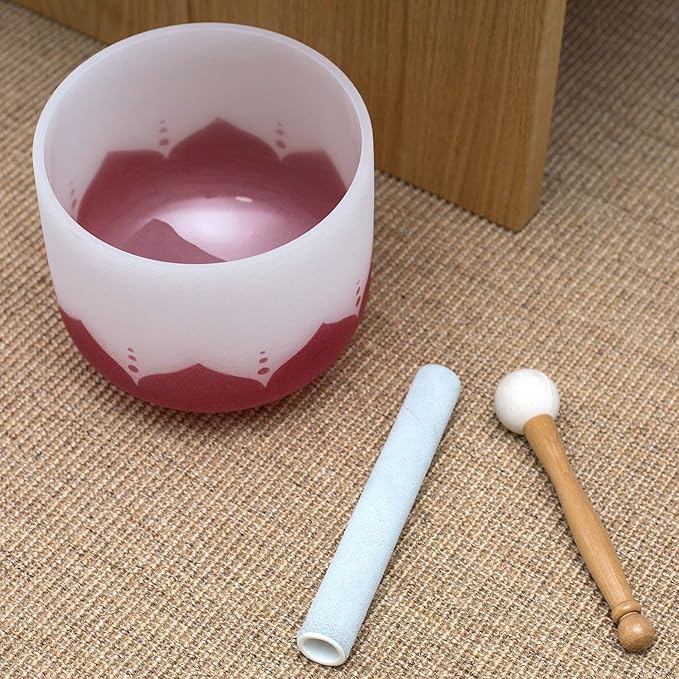 Leize Quartz Crystal Singing Bowl Lotus Design C Note Root Chakra White 10" with Heavy Duty Carrying Case Suede Striker
