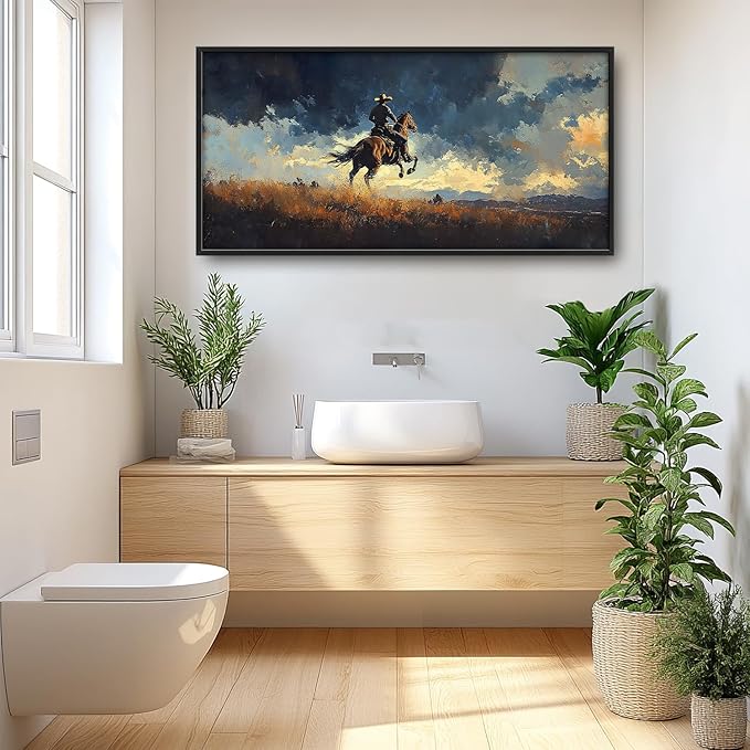 SweetFox Extra Large Western Cowboy Framed Wall Art for Living Room, Cowboy on Horseback Pictures Oversized Wall Decor Abstract Canvas Painting Print Artworks for Bathroom Master Bedroom 60L X 30W