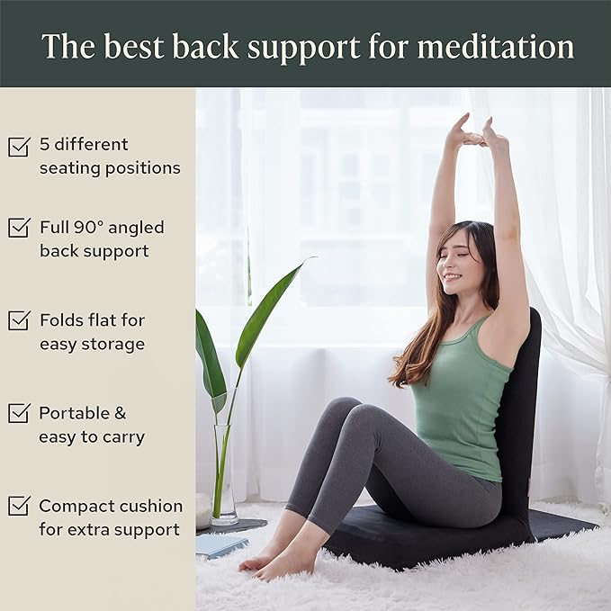 Mindful Modern Folding Pro Meditation Chair - Adjustable Meditation Seat with Back Support and Half Moon Buckwheat Meditation Cushion - Comfortable Mindfulness Living Room Floor Chair
