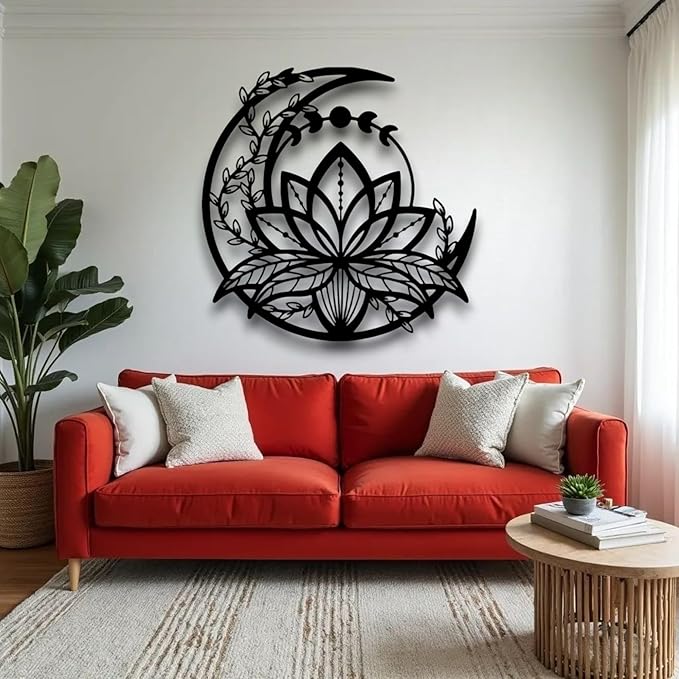 Moon and Lotus Metal Wall Art – Modern Boho Wall Decor, Large Mandala Style Metal Wall Hanging for Living Room, Bedroom, Meditation and Home Decoration (gold)