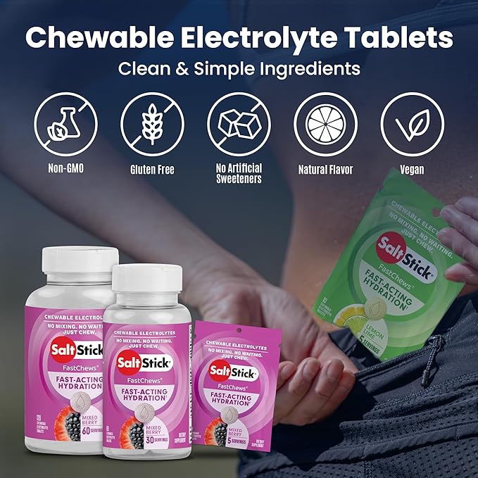 SaltStick Electrolyte FastChews - 120 Mixed Berry Chewable Electrolytes - Salt Tablets for Running and Hydration, Electrolyte Chews - 120 Count