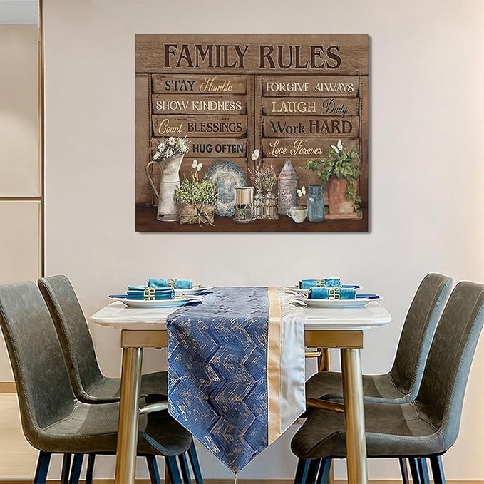 Country Family Rules Wall Art Farmhouse Inspiration Wall Decor Rustic Flower Home Sign Pictures Canvas Painting Artwork Home Decorations For Living Room Bedroom Bathroom Office 24"x20"