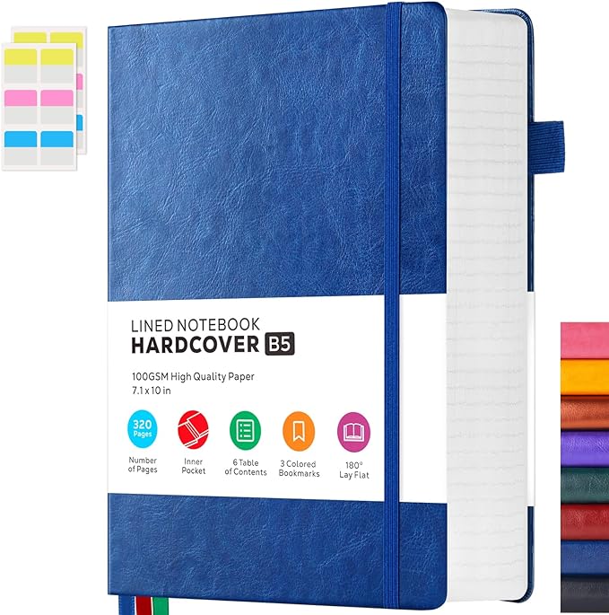 Leather Lined Notebook Journal, 320 Pages Hardcover Notebook Journals for Writing Women & Men, B5 (7.1'' X 10'') College Ruled Notebook with 100GSM Thick Paper for School Work Organization, Dark Blue