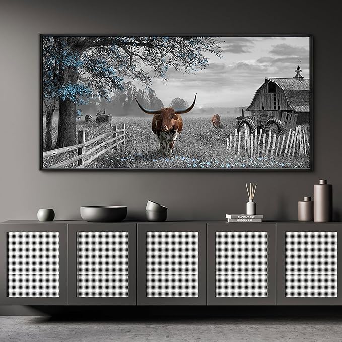 yiijeah Western Decor for Home - Pictures Wall Decor Living Room Modern Rustic Farmhouse Framed Wall Decor Prints Highland Cow boho Longhorn Decor Bedroom Canvas Artwork for Walls