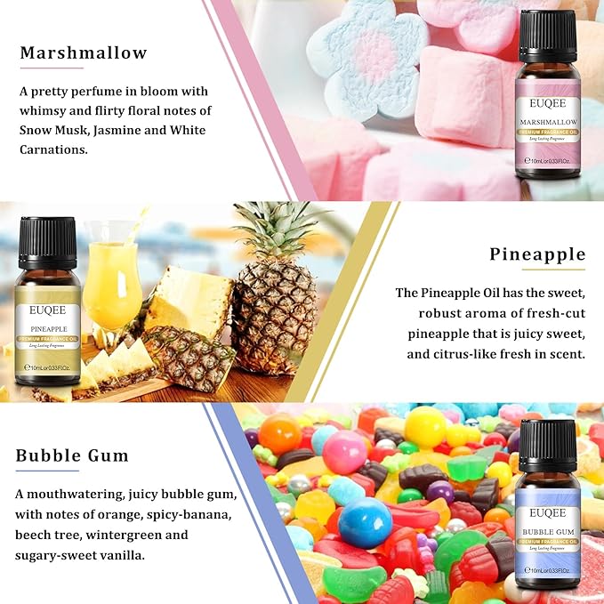 Summer Fragrance Oil Gift Set of 6，Holiday Island Essential Oils Set for Humidifier, Aromarathepy-Pineapple, Coconut, Sea Breeze, Bubble Gum, Bay Rum, Marshmallow(10ml)