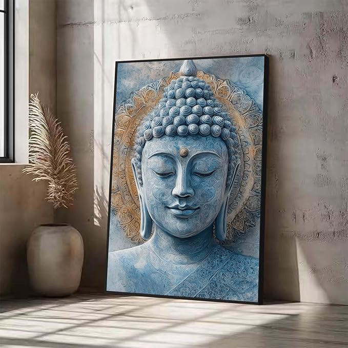 Xoxuldzhg Blue Buddha Painting Wall Art, Buddha Head Art Print, Mandala Wall Decor, Zen Canvas Art, Meditation Wall Decor, Religious Wall Art, Yoga Room Decor (Gold Framed, 15"Wx23"H/40x60cm)