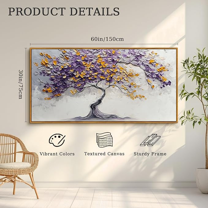 crmotu Tree of Life Large Framed Wall Art, Purple Tree Abstract Art Wall Decor, Modern Neutral Plant Canvas Prints, Minimalist Wall Pictures for Living Room Bedroom Yoga Office Decorations 30x60inch
