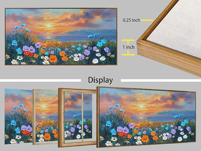 Ardemy Landscape Wall Art for Living Room Coastal Sunset Flower Canvas Bedroom Textured Floral Wildflower Blue Ocean Painting Nature Artwork Home Office Wall Decor, Wood Framed Large 48"x24"