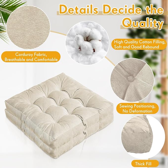 Jerify 4 Pcs Floor Pillow Cushions 22 x 22 Inch Round Square Large Meditation Floor Pillow for Classroom Adult Meditation Picnic Party Cushion for Seating Gift Christmas(Beige,Square)