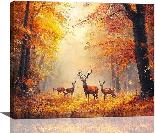 Olivine Deer Wall Art, Autumn Forest Pictures Wall Decor, Wildlife Painting, Fall Landscape Canvas Prints, Framed Artwork for Bathroom Bedroom Living Room Office Home Decoration 24''x20''