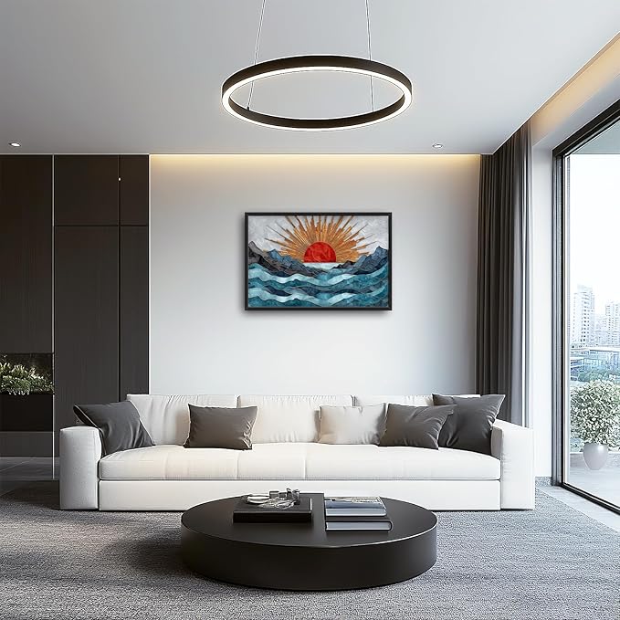 Glocmna Large Wall Art for Living Room Japanese Stained Glass Mountain Sunrise Wall Decor Modern Oriental Landscape Canvas Big Pictures Painting Print Framed Artwork Decorations Gifts for Bedroom Home Office Hotel 24"x36"