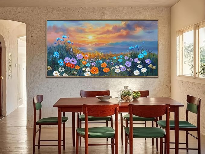 Ardemy Landscape Wall Art for Living Room Coastal Sunset Flower Canvas Bedroom Textured Floral Wildflower Blue Ocean Painting Nature Artwork Home Office Wall Decor, Wood Framed Large 48"x24"