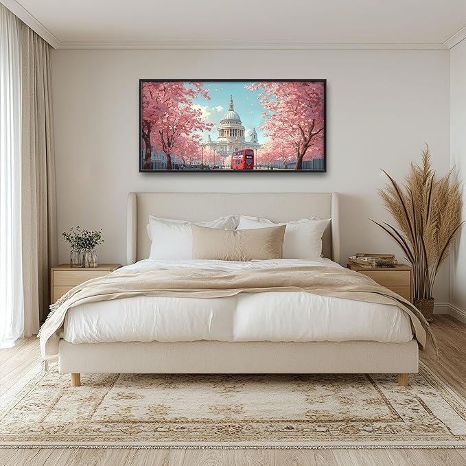 London Paul’s Cathedral Large Wall Art Cityscape Cherry Blossom Pictures Wall Decor Street Scene Canvas Spring Print Painting Modern Artwork Home Decoration for Living Room Bathroom Bedroom Office Framed 60"x30"