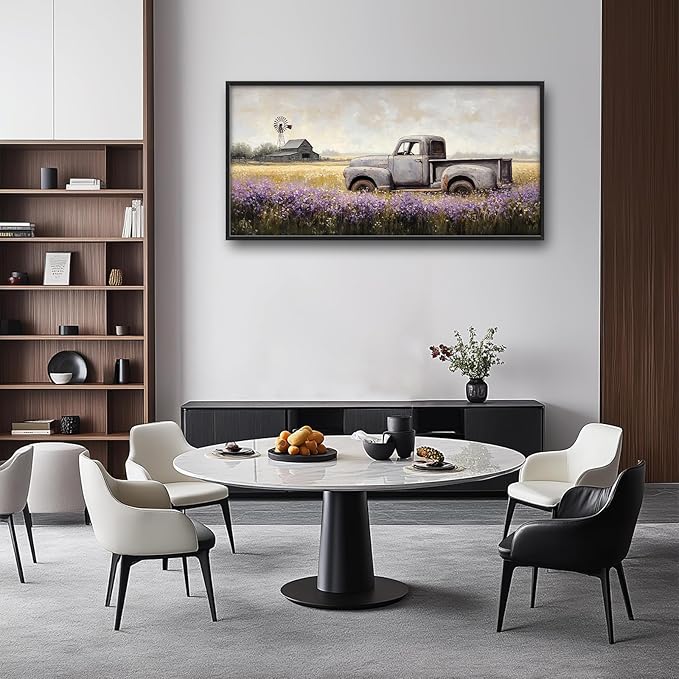 Rustic Truck Wall Art Farmhouse Lavender Barn Pictures Wall Decor Country Large Master Over Above Bed Canvas Prints Horizontal Modern Artwork Painting Home Office Decorations For Bedroom 30"x60"