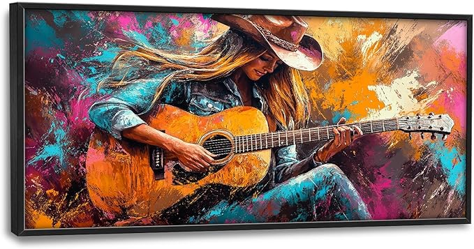 SweetFox Extra Large Cowgirl and Guitar Framed Wall Art for Living Room, Western Girl Music Pictures Oversized Wall Decor Abstract Big Canvas Painting Print Artworks for Bathroom Bedroom 60L X 30W