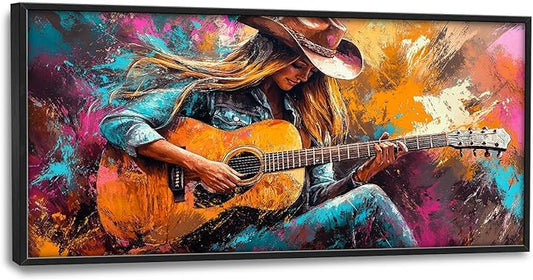 SweetFox Extra Large Cowgirl and Guitar Framed Wall Art for Living Room, Western Girl Music Pictures Oversized Wall Decor Abstract Big Canvas Painting Print Artworks for Bathroom Bedroom 60L X 30W