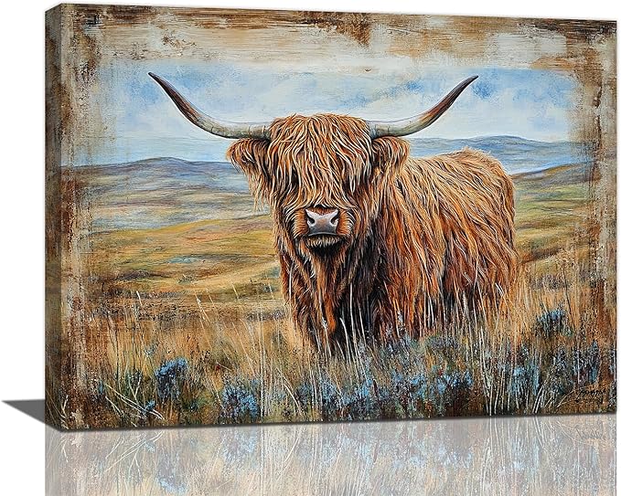 Olivine Highland Cow Wall Art, Rustic Farmhouse Cow Pictures Wall Decor, Country Painting Canvas Prints, Framed Artwork for Bathroom Bedroom Living Room Office Home Decoration 16"x12"