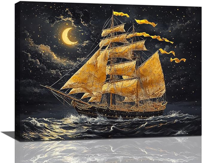 Olivine Nautical Sailboat Wall Art, Coastal Pictures Wall Decor, Ocean Seascape Painting, Night Canvas Prints, Framed Artwork for Bathroom Bedroom Living Room Office Home Decoration 16"x12"