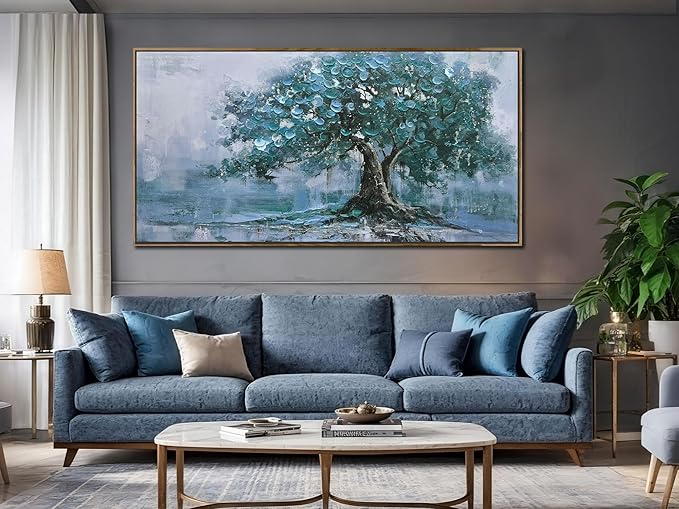 Ardemy Tree Canvas Wall Art for Living Room Teal Tree of Life Landscape Bedroom Picture Modern Nature Painting Blue Artwork Home Office Wall Decor, Extra Large Wood Framed 58"x29"