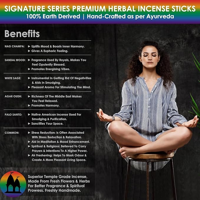 Signature Incense Sticks Gift Set | 120 Natural Hand-Rolled Non-Toxic Agarbatti with Holder | Sandalwood, Nag Champa, Oudh, Palo Santo, Lavender, Sag | Aromatherapy Meditation Pooja Home