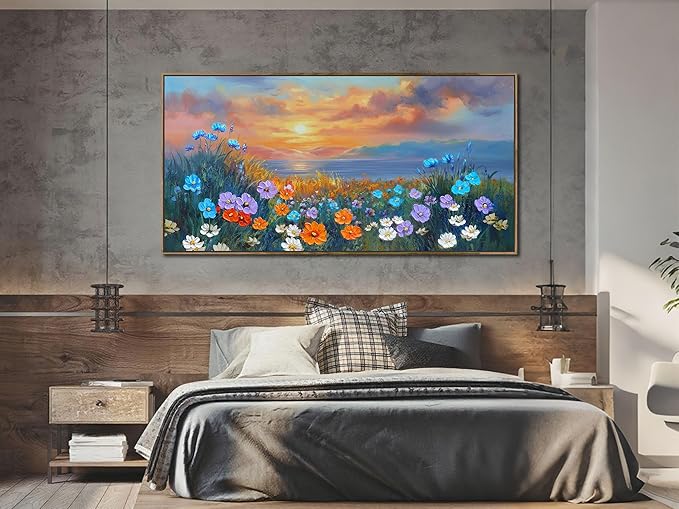 Ardemy Landscape Wall Art for Living Room Coastal Sunset Flower Canvas Bedroom Textured Floral Wildflower Blue Ocean Painting Nature Artwork Home Office Wall Decor, Wood Framed Extra Large 58"x29"