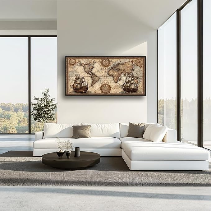 Glocmna Large Old World Map Wall Art for Living Room Antique Old Nautical Sailboat Map Canvas Wall Decor Age of Discovery Big Vintage Geography Sea Voyages Pictures Painting Print Framed Artwork Decorations Gifts for Bedroom Home Office 30"x60"