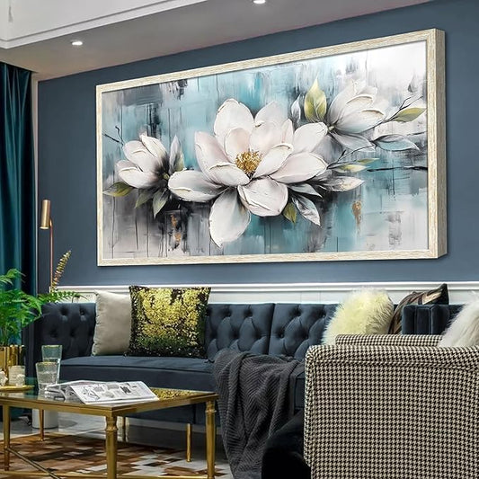 Ardemy Rustic Flower Wall Art Oversized Framed White Floral Canvas Painting Magnolia Textured Picture Teal Grey Artwork for Living Room Bedroom Dining Room Home Office Wall Decor, 58"x29"