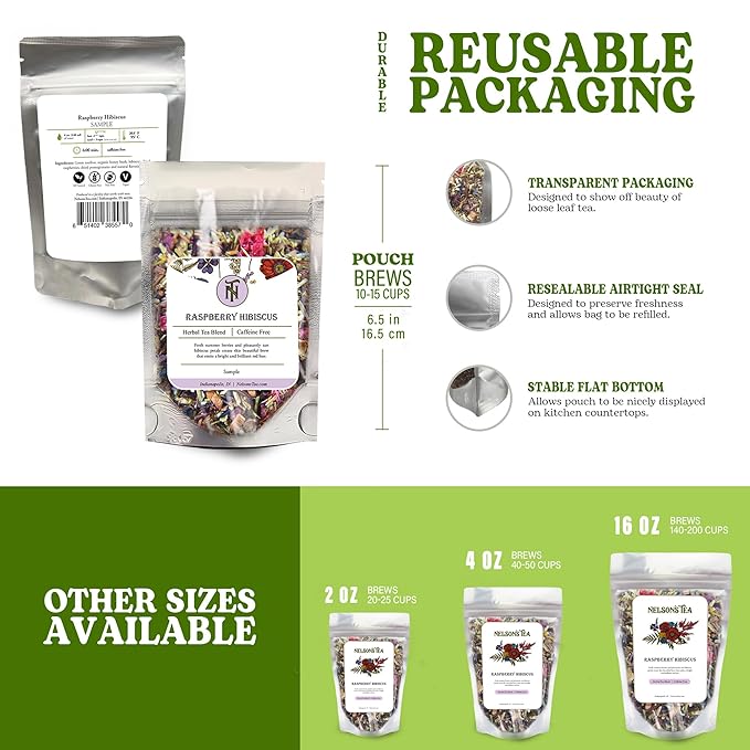 Nelson's Tea Raspberry Hibiscus Tea - Caffeine Free, Cut & Sifted Green Rooibos, Honeybush, Dried Raspberries, Acai, and Pomegranate Loose Leaf (Sample)
