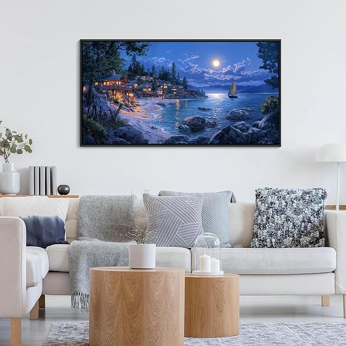 CHATYOUNG Framed Beach Canvas Wall Art, Dark Blue Ocean Moon Night View Wall Pictures Canvas Print Coastal Wall Paintings for Bedroom Living Room Kitchen Home Office Decor 20x40 IN