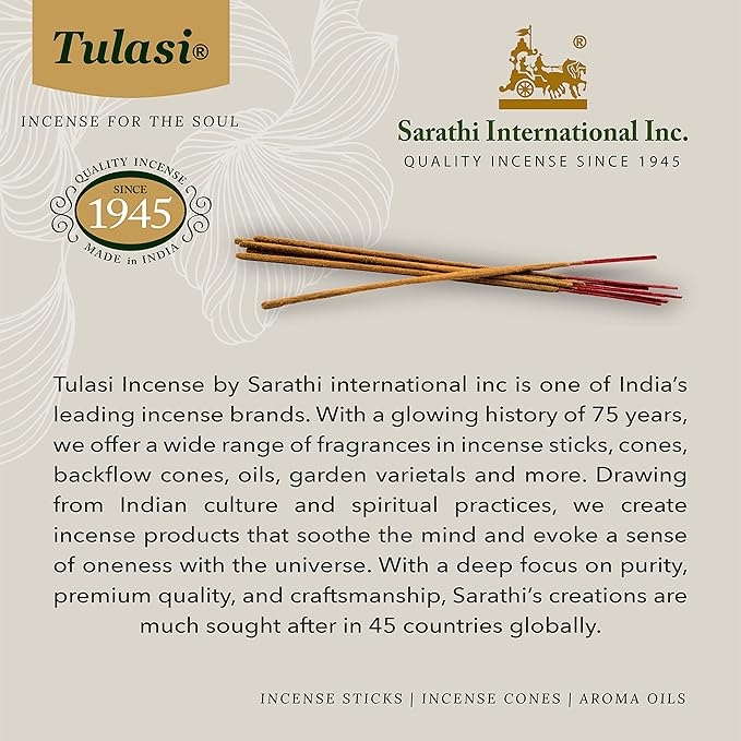 Tulasi Incense Sticks with Natural Oils Set of 6 Fragrances (120 Sticks) Hand Rolled Incense Sticks, Calming Home Aromatherapy, Meditation, Relaxing, Mixed Scents with Natural Oils