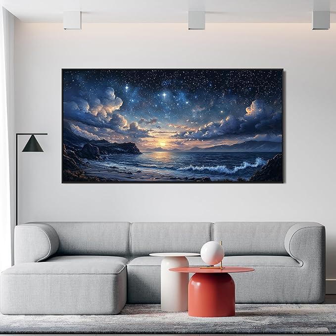 Canvas Wall Art Large Framed Wall Art Prints Modern Pictures for Living Room Landscape Coastal Wall Art Decorations Canvas Art Wall Decor Star Night Artwork for Walls Bedroom Office Decor 29"x58"