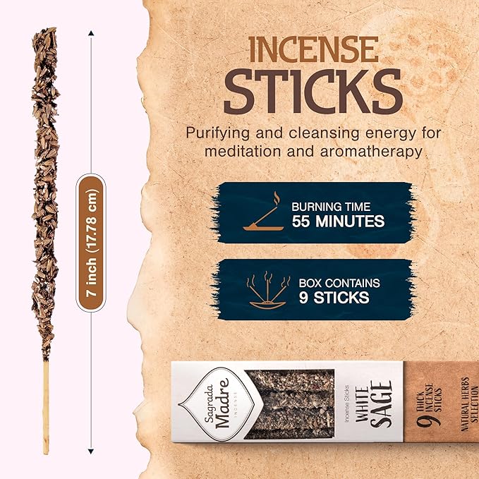 9 pcs Wildly Harvested - White Sage Incense Sticks, 7" Long - Thick Aromatic Incense Sticks (45-55 min Burning Time) to Neutralize Negative Energies & Harmonizing Spaces -Pack x 3