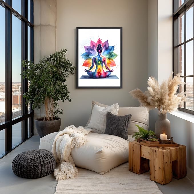 GELDSTEI Wood Framed Zen Wall Art, Chakra Yoga Wall Decor, Colorful Meditation Poster Print, Spiritual Canvas Painting, Vibrant Meditating Woman Aesthetic Picture for Living Room Yoga Studio 12"x16"