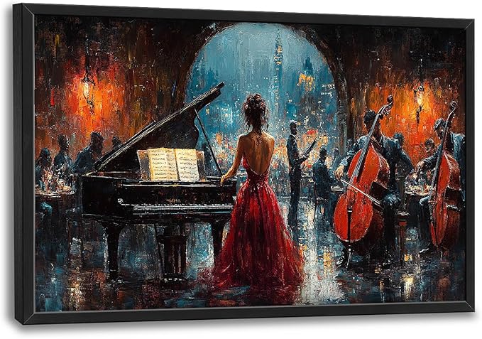 Music Piano Large Wall Art Cello Performance Pictures Wall Decor Musician Canvas Hotel Print Painting Modern Artwork Home Decoration for Dining Living Room Bathroom Bedroom Office Framed 36"x24"