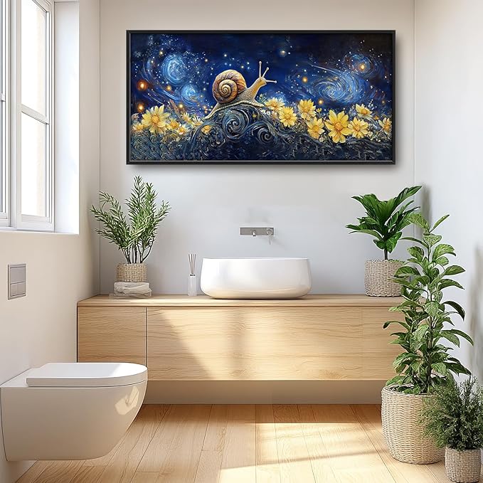 SweetFox Extra Large Snail Sunflower Framed Wall Art for Living Room, Snail Starry Night Sky Pictures Oversized Wall Decor Abstract Big Canvas Painting Print Artwork for Bathroom Bedroom 60L X 30W